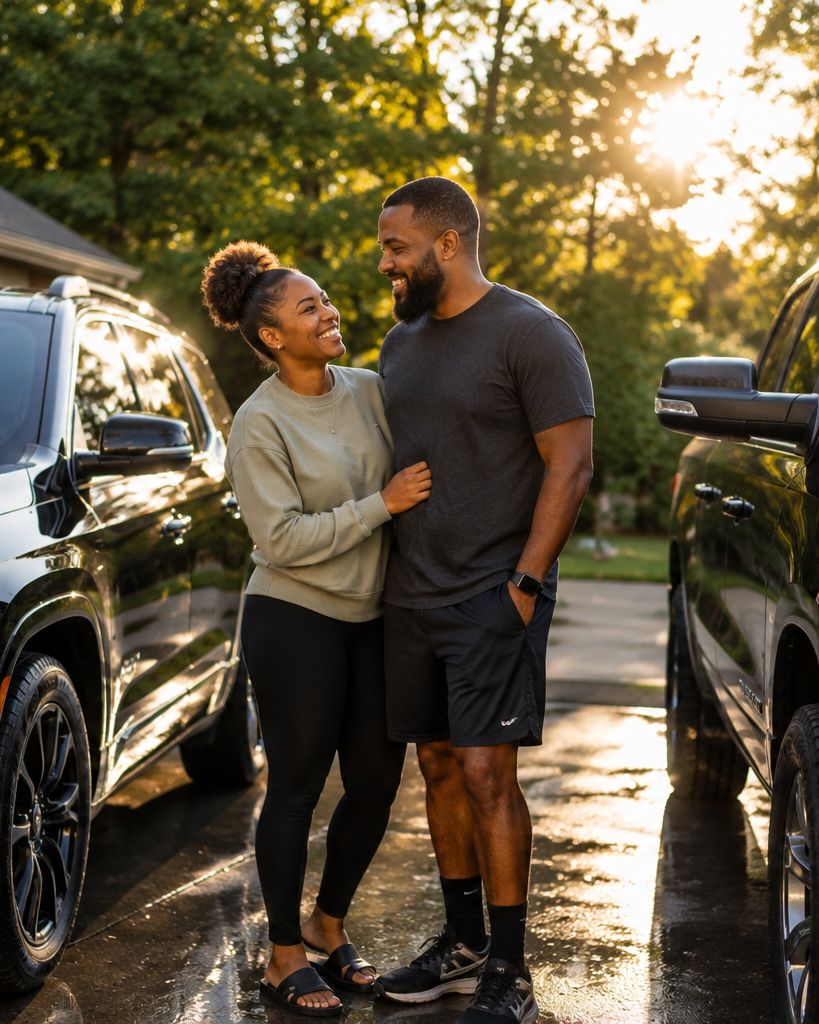 Couple smiling at each other between their two freshly washed black vehicles in the driveway at golden hour