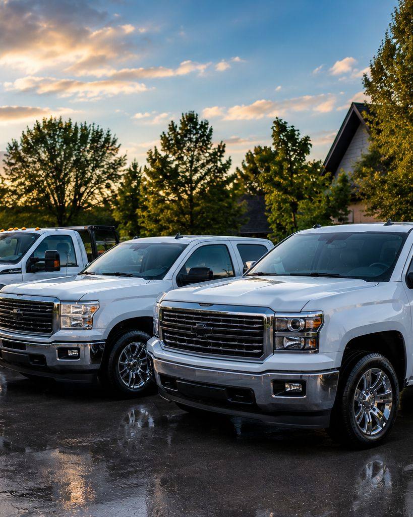 Freshly washed white work trucks lined up on wet pavement at sunset