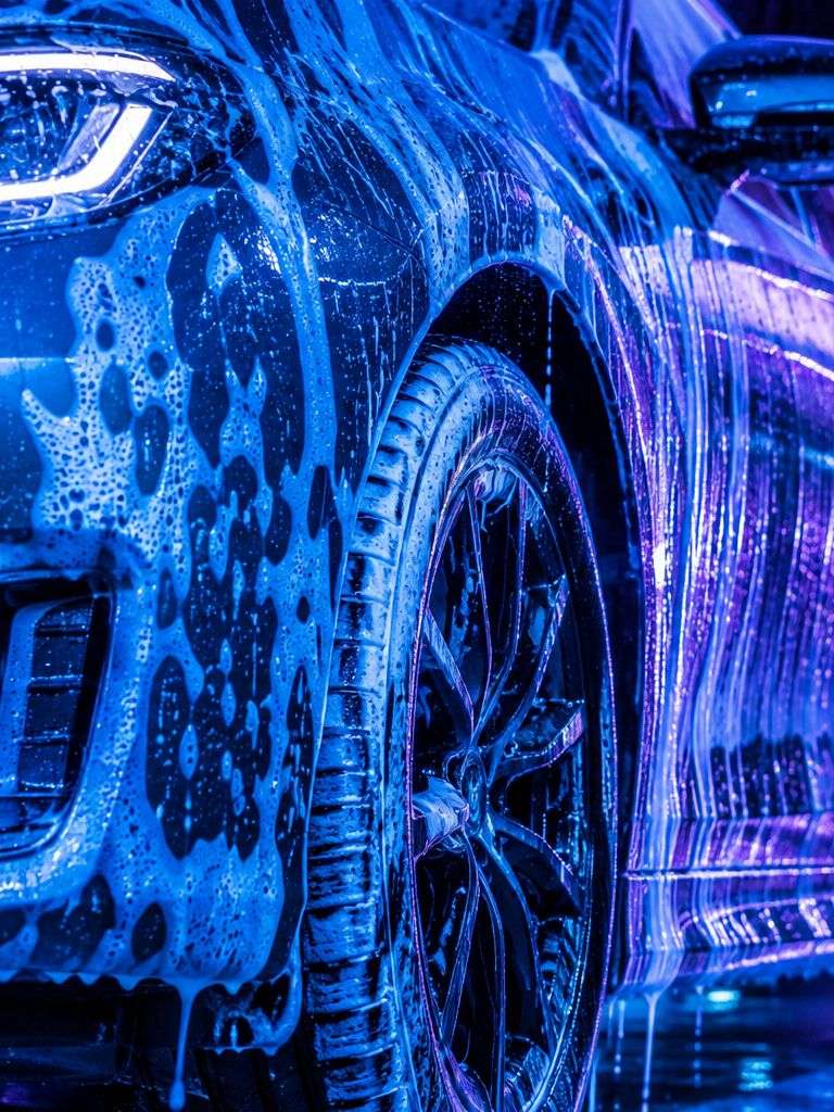Car covered in thick foam inside the wash tunnel under blue and purple lights