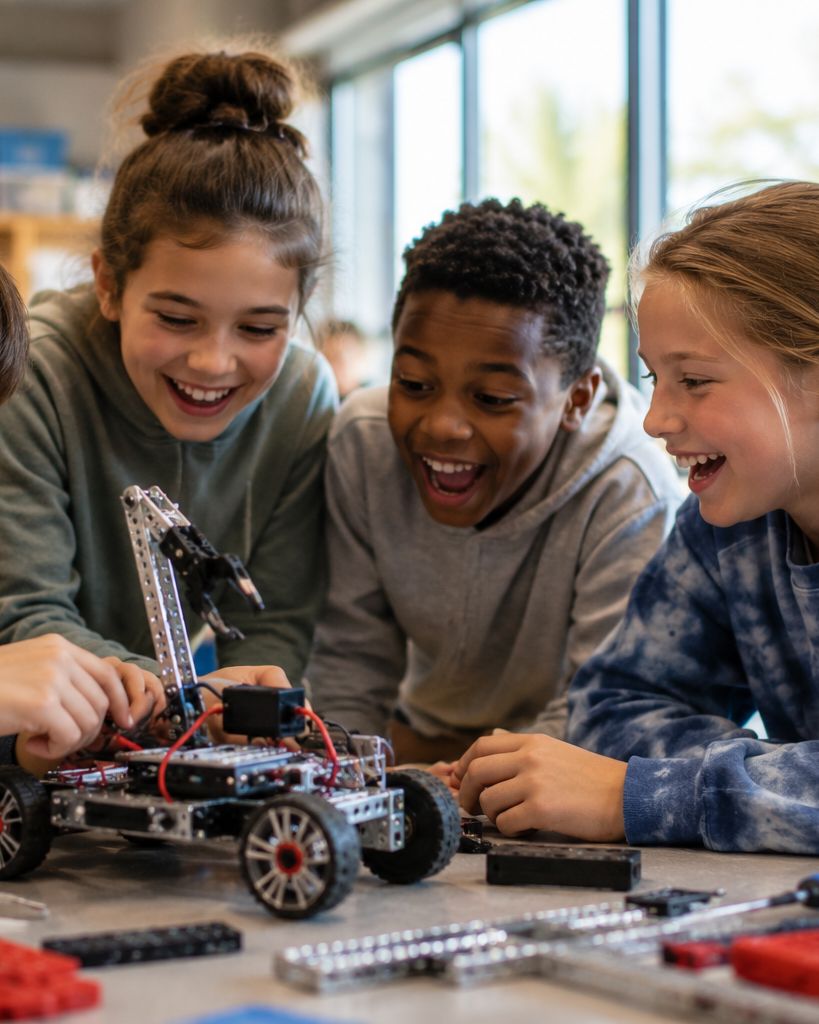 Middle-school robotics team laughing together over the robot they built