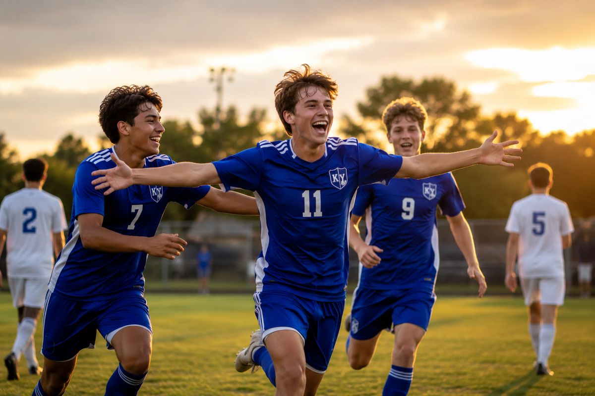 High school soccer players in blue jerseys celebrating a goal at sunset