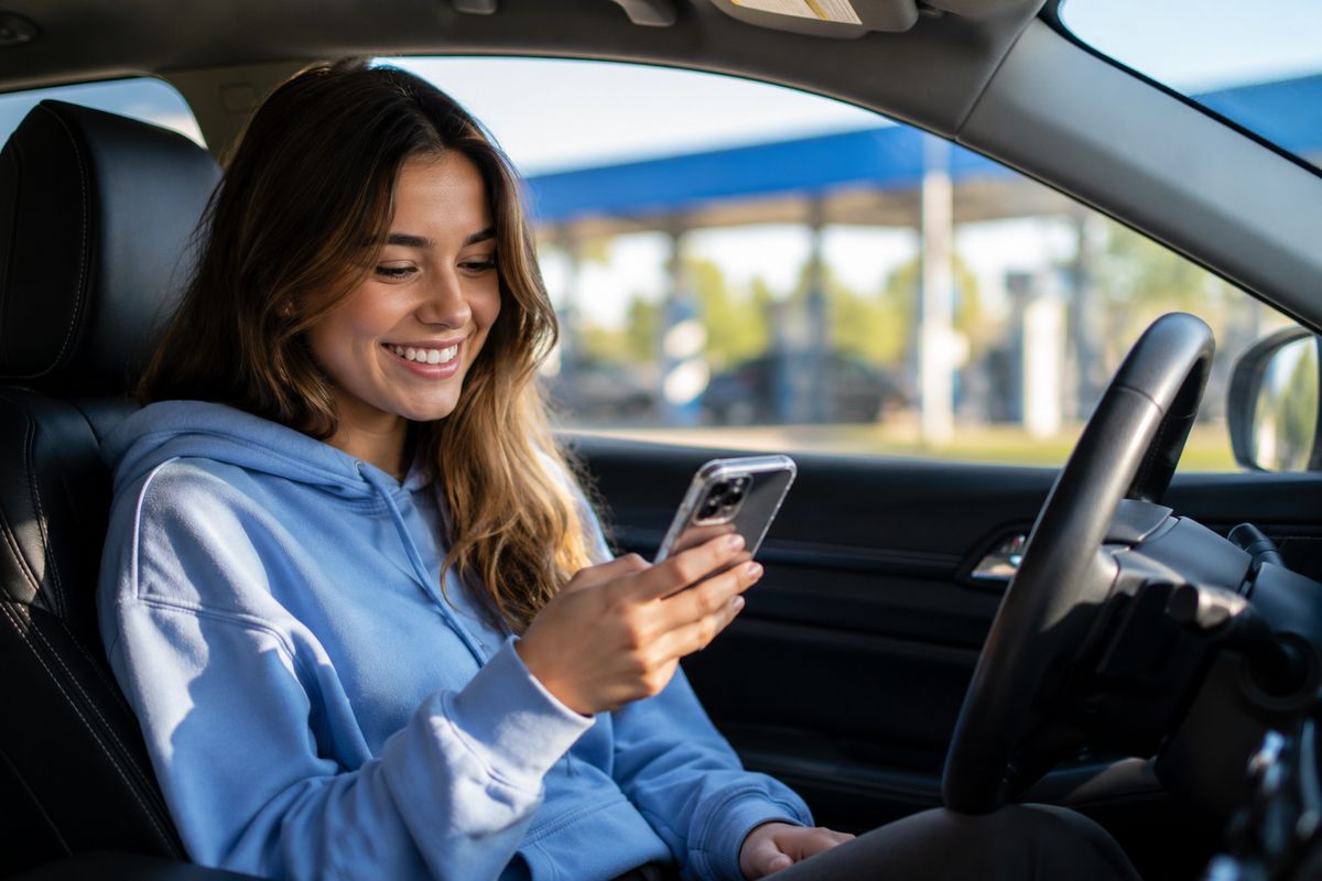 Smiling supporter in her car reading the wash code text on her phone