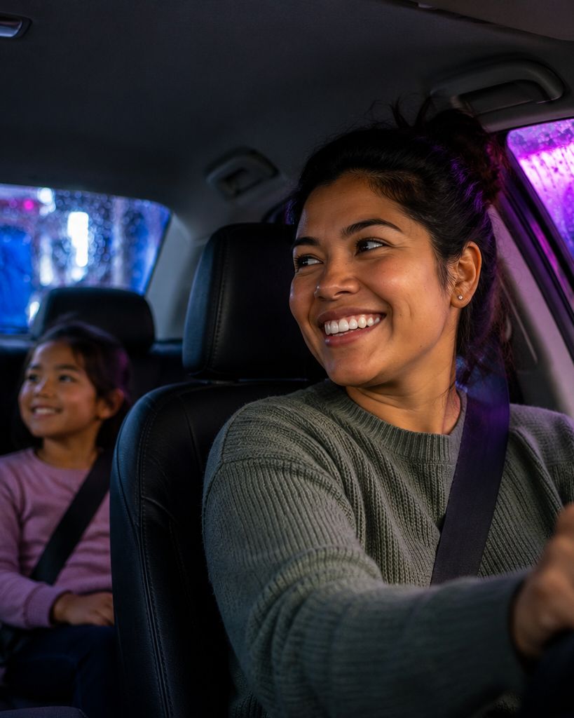 Smiling mom at the wheel with her daughter in the back seat as purple foam covers the windows in the wash tunnel
