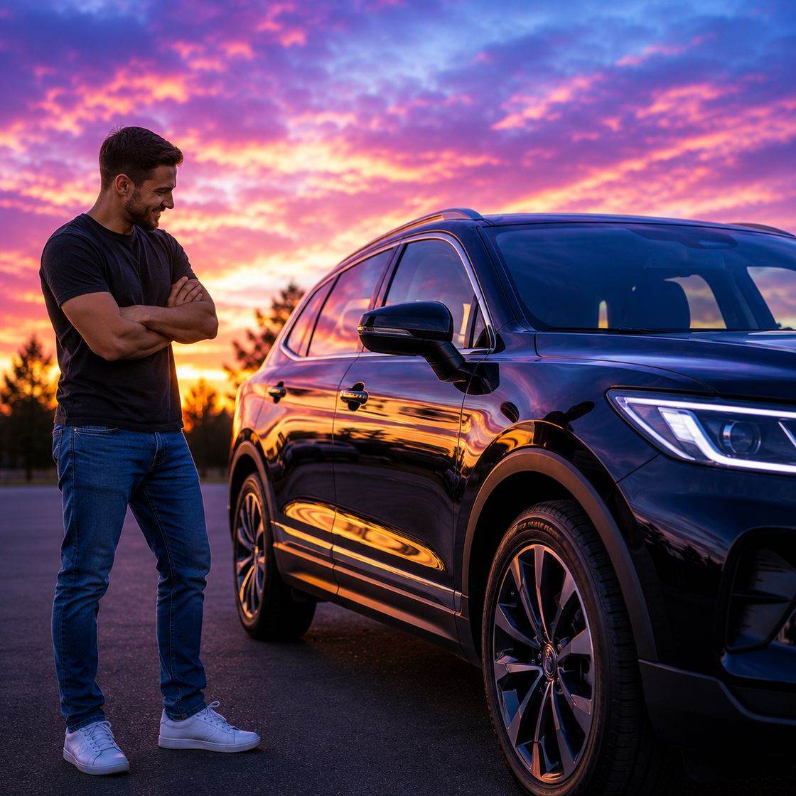 Man smiling with arms crossed beside his gleaming black SUV under a purple and orange sunset