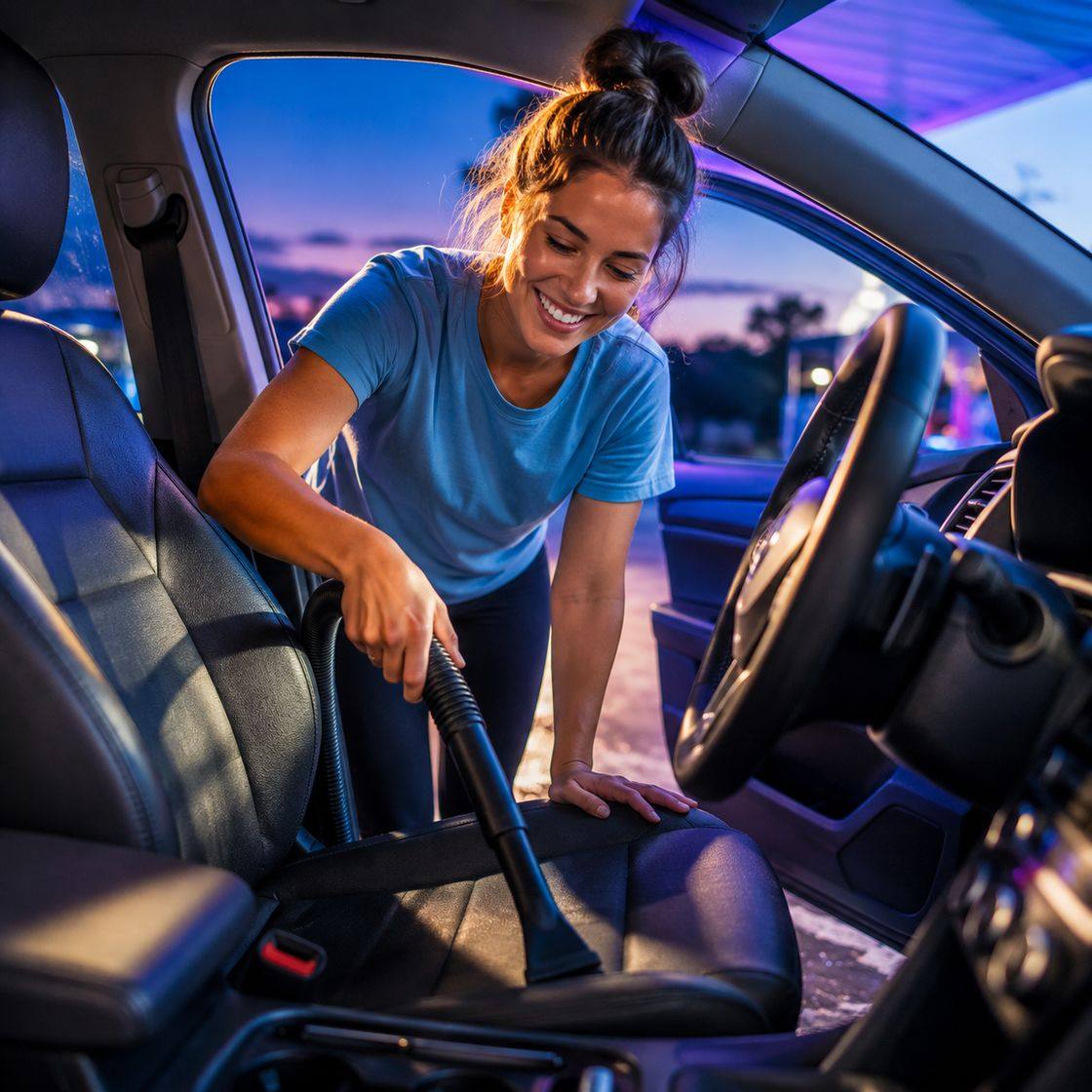 Smiling woman vacuuming her car seat at the vacuum stations at dusk under blue and purple lights