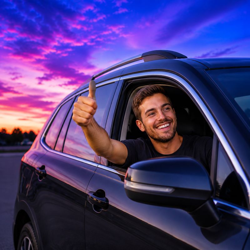 Smiling driver giving a thumbs up from his freshly washed SUV under a purple sunset